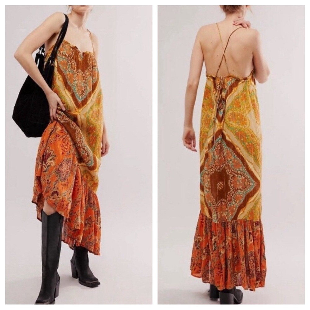 Free People Orange Paisley Spaghetti-Strap Maxi Dress